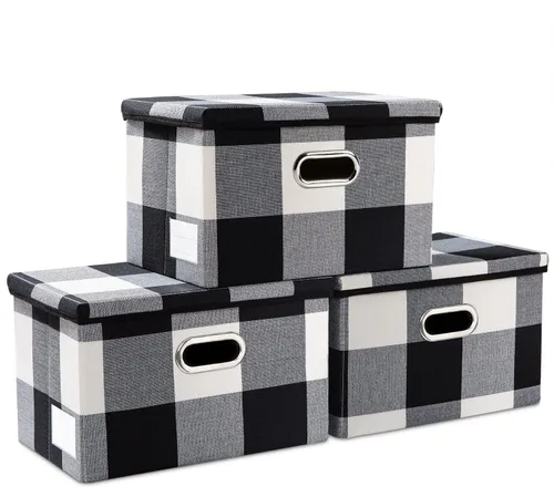 Miniatura 28 de PRANDOM Contenedor de almacenamiento plegable con tapa [1 unidad] Caja de almacenamiento decorativa de tela de lino, cesta organizadora con asas