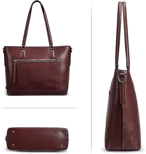 Miniatura 7 de S-ZONE Bolso de mano de cuero genuino para mujer, maletín vintage, bolso de trabajo, bolso grande de 15.6 pulgadas, L
