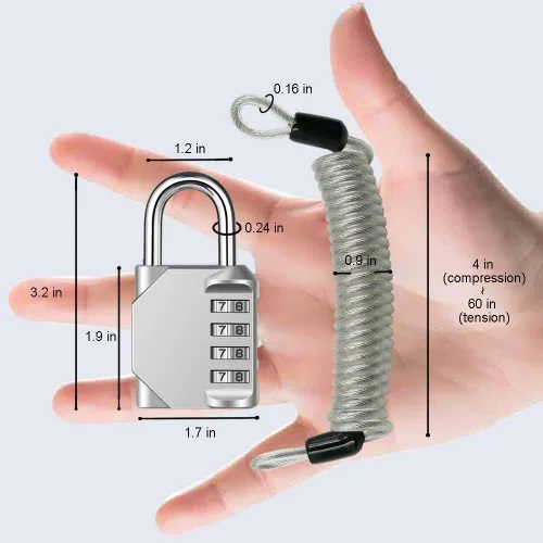 Miniatura 2 de Candado de combinación de 4 dígitos impermeable para exteriores con cable de acero para casillero de gimnasio, casco, puerta, valla, equipaje, plata
