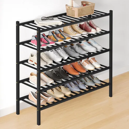 Miniatura 20 de Smiry Zapatero de bambú para clóset, organizador de zapatos apilable de 4 niveles largo de madera, estante de almacenamiento de zapatos Negro