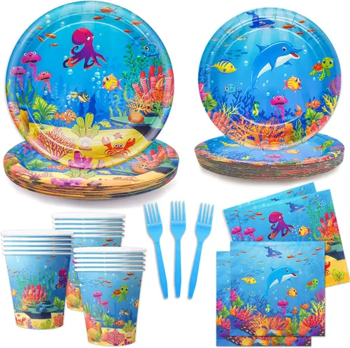 120 piezas Decoraciones de fiesta bajo el mar, juego de platos y servilletas para cumpleaños en tema de océano, juego de vajilla temática de