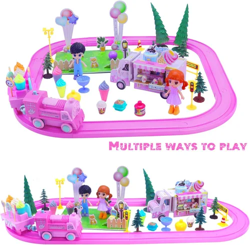 Miniatura 8 de Juegos de trenes clásicos rosados para niños pequeños, juguetes musicales de tren eléctrico con camión de helado de bricolaje, rompecabezas