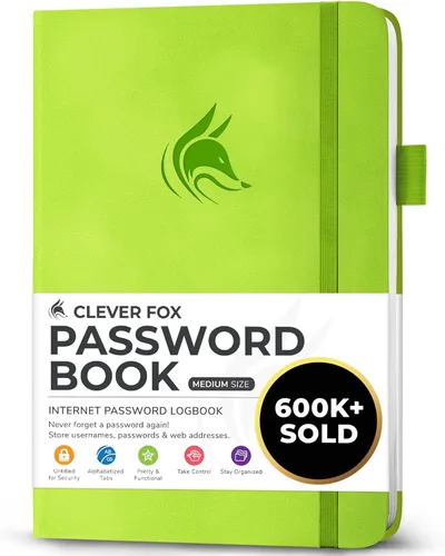 Clever Fox - Libreta de contraseñas con pestañas alfabéticas, organizador de direcciones de Internet, tamaño mediano, para inicios de sesión en Verde