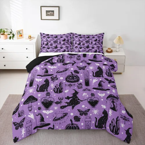 Juego de edredón de Halloween, ropa de cama individual con diseño de calabaza y gato para niñas y niños, juego de ropa de cama de poción mágica con