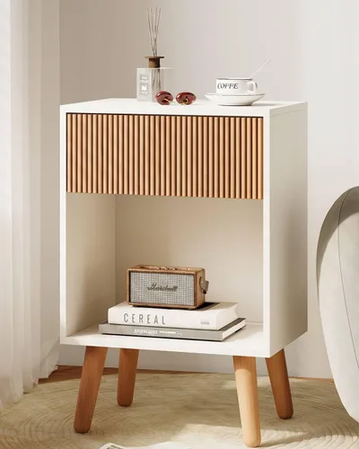 Miniatura 9 de Mesita de noche, mesa auxiliar moderna con cajones de almacenamiento y estante de madera abierto, mesita de noche con patas de madera maciza, mesas
