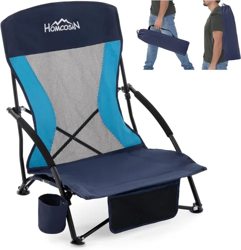 Miniatura 15 de Homcosan Silla de playa portátil baja plegable con paraguas desmontable, silla de campamento ligera para adultos con portavasos y bolsillo