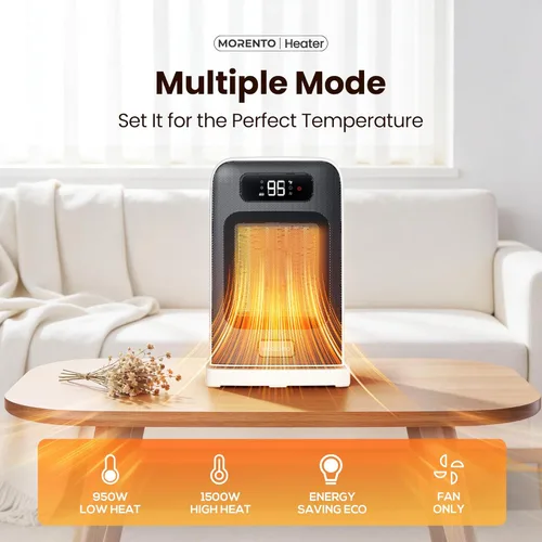 Miniatura 4 de MORENTO Calentador de espacio, oscilación de 70°, pantalla LED, temporizador de 12 horas, termostato, protección contra sobrecalentamiento