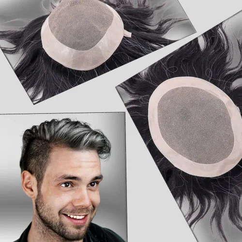 Miniatura 13 de Monofilamento de cabello humano fino para hombre, peluca de monofilamento NPU para hombre, 5 x 7 pulgadas, color marrón oscuro #3 #3 Color marrón