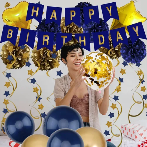 Miniatura 7 de ZERODECO Decoraciones de cumpleaños, decoraciones de fiesta azul marino y dorado con pancarta, pompones, globos para niños, niñas, hombres y mujeres