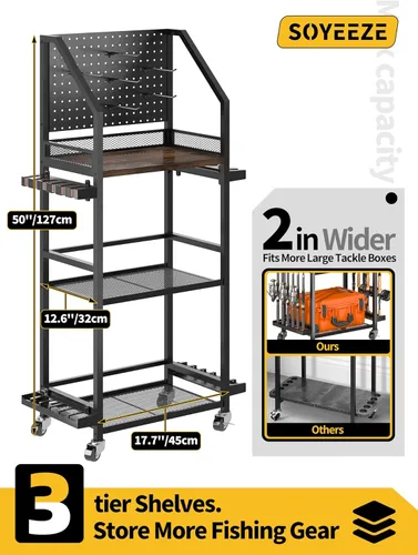 Miniatura 4 de SOYEEZE Soportes para caña de pescar para garaje, soportes para caña de pescar de hasta 12 cañas con tablero de clavijas y ganchos, carrito de pesca
