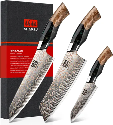 Juego de cuchillos de cocina de Damasco SHAN ZU, cuchillos de cocina japoneses de cobre y acero de Damasco, cuchillo utilitario forjado a mano con