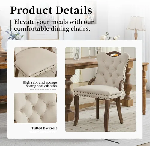 Miniatura 4 de Shenyon Juego de 4 sillas de comedor de terciopelo beige, sillas tapizadas modernas para comedor con respaldo capitoné y acentos de madera, patas