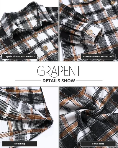 Miniatura 6 de GRAPENT Chaqueta de franela a cuadros de gran tamaño con botones para mujer, abrigos de manga larga