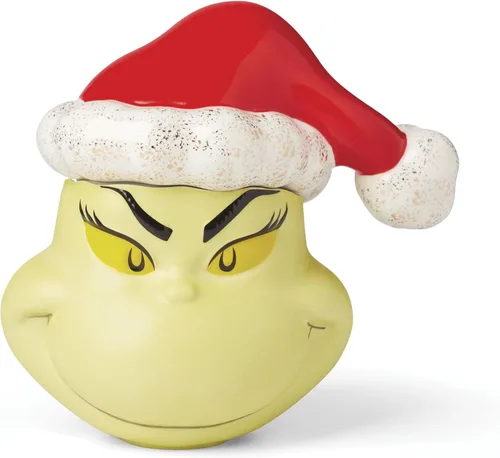 Lenox 896338 Tarro de dulces cubierto con texto en inglés "Merry Grinchmas", decoración navideña y festiva