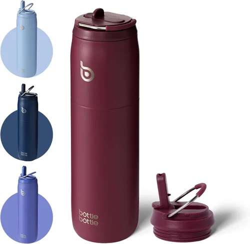 BOTTLE BOTTLE Botella de agua de acero inoxidable con popote y tapa, taza aislada al vacío de 32 onzas, se mantiene fría y caliente, botellas de Rojo