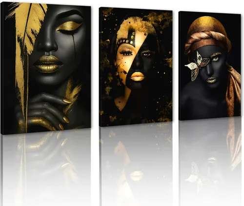 Miniatura 44 de MAMAGO Lienzo decorativo para pared, pintura de belleza dorada y negra, fotos de mujeres africanas, hermosos pósteres de mujer negra, impresiones