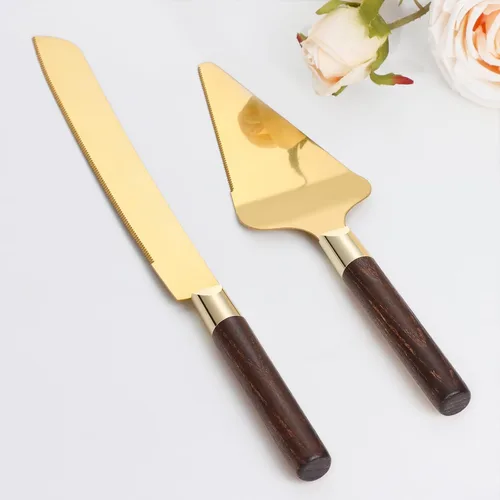 Miniatura 7 de Juego de corte de pastel dorado para boda, juego de cuchillo de pastel de madera y servidor, juego de corte de pastel rústico de 2 piezas, cubiertos