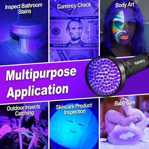 Miniatura 6 de Vansky Linternas UV con luz negra, ultra brillantes, 100 LED, 395 nm, ultravioleta, detector de luz negra para orina de perro, gato y mascotas