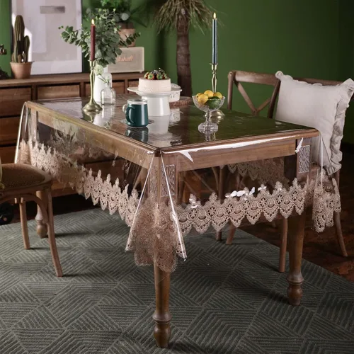 Miniatura 3 de SUTAVIA - Mantel de TPU transparente 100% impermeable con encaje, protector de mesa PVC a prueba de aceite y derrames, mantel transparente oblongo