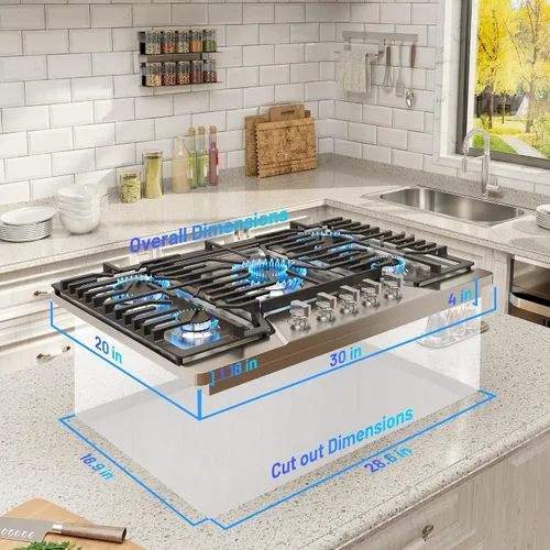 Miniatura 6 de CASAINC Estufa de gas de 30 pulgadas con 5 quemadores de alta potencia, estufa de gas de acero inoxidable 304 incorporada, convertible a NG/LPG