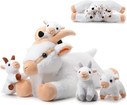 Miniatura 8 de HyDren Juego de 5 piezas de peluche de cabra de 18 pulgadas, peluche de cabra con 4 peluches de bebés en su barriga, almohada de felpa suave de Gris