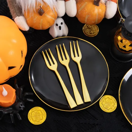 Miniatura 6 de Festiva 200 Piezas Platos de Postre Negro y Dorado de 6.3" con Tenedores de Plástico de 5"- Platos Desechables Pequeños- Platos de Plástico