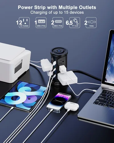 Miniatura 2 de Regleta de Protección contra Sobretensiones Torre Enchufe Plano con 12 Tomas de CA 3 Puertos USB (2 Tipo C), Cable de Extensión Ultra Plano de 6.5