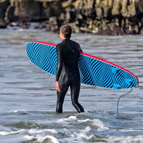 Miniatura 8 de Bloo Tide Tabla de surf de 8 pies con parte superior suave roja con diseño de Wavizm azul gráfico inferior