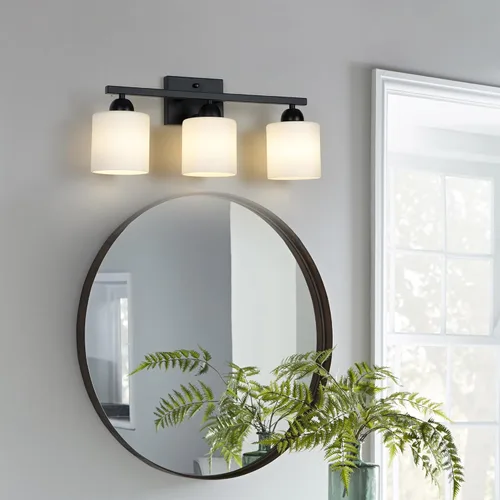 Miniatura 2 de Mecgirn Luces de Tocador de Vidrio Esmerilado para Baño, 3 Luces Accesorios de Iluminación para Baño Negro Mate Sobre Espejo, Portalámparas