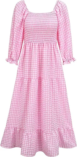 Miniatura 6 de NIUQI Vestido midi bohemio a cuadros para mujer cuello cuadrado hombros descubiertos manga abombada fruncido escalonado con volantes