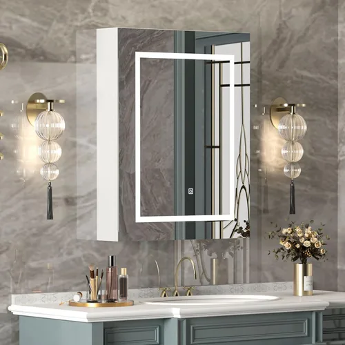 Miniatura 11 de Gabinetes de medicina LED para baño, botiquín iluminado con espejo, tocador de baño de montaje en superficie con almacenamiento, brillo ajustable