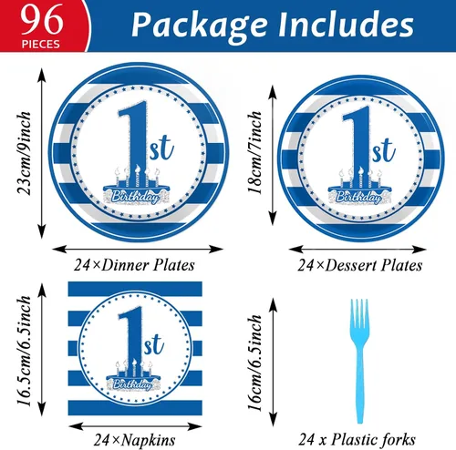 Miniatura 2 de 96 piezas de suministros para fiesta de primer cumpleaños de bebé, platos de papel para primer cumpleaños de niño, servilletas, decoración de fiesta