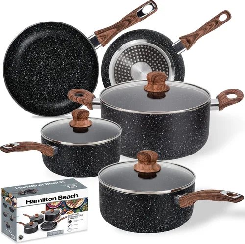 Miniatura 11 de Hamilton Beach Juego de utensilios de cocina cubiertos de aluminio, sartén antiadherente, horno holandés con mango de baquelita suave al tacto, Negro