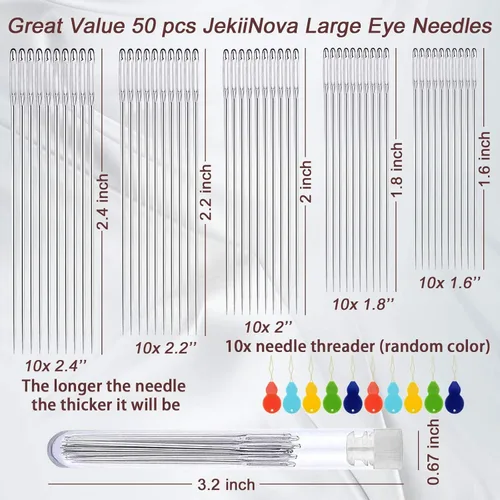 Miniatura 3 de Agujas de ojo grande para coser a mano, 50 agujas de coser de ojos grandes de alta calidad con enhebradores y tubo de almacenamiento, 5 agujas