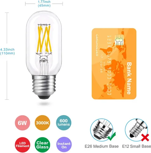 Miniatura 3 de Bombilla LED E26 regulable T45/T14, 6 W (equivalente a 60 W), blanco suave 3000 K, bombillas LED vintage de filamento para lámpara de araña de baño