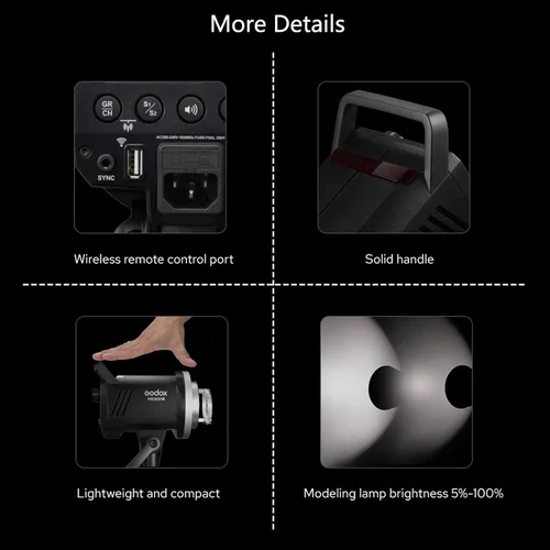 Miniatura 7 de Godox MS200V MS200-V - Luz estroboscópica de estudio, 200W 110V 2.4G Flash de fotografía compacta, lámpara de modelado LED de 10W, monolight
