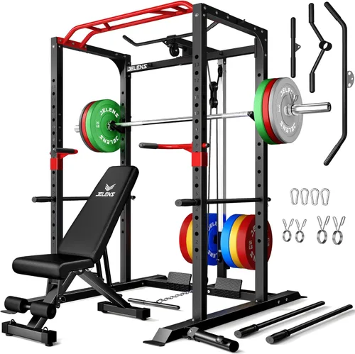 Miniatura 14 de Jaula de potencia JELENS, banco multifunción S11 con capacidad de 2000LBS, barra para sentadillas con sistema de poleas ajustable y más accesorios