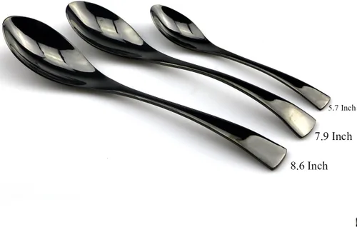 Miniatura 7 de JASHII Juego de cubiertos de acero inoxidable 18/10 de 24 piezas, color negro pulido con espejo, cuchillo para carne, tenedor de ensalada, cuchara