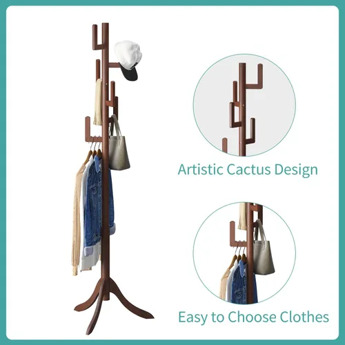 Miniatura 6 de Perchero independiente, soporte de bambú con cactus de bambú, altura ajustable, árbol de madera con 6 ganchos, perchero para niños, utilizado