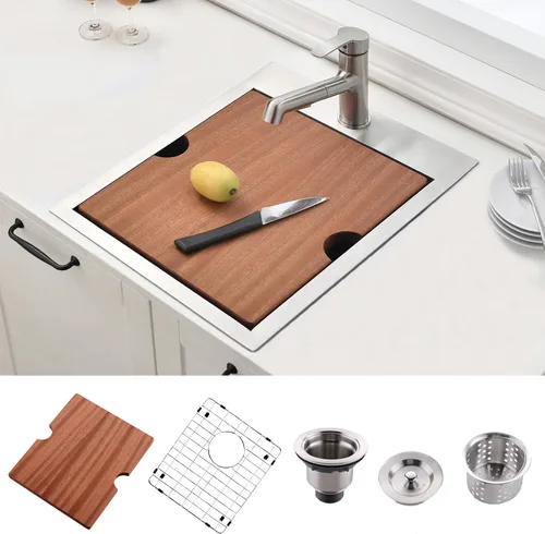 VAPSINT Fregadero de cocina de 21 x 20 pulgadas, fregadero de cocina y bar de 21 pulgadas de montaje superior de acero inoxidable de calibre 16,