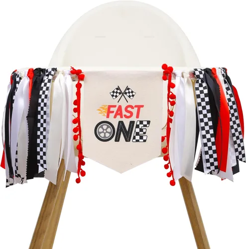 Fast One - Cartel de cinta para silla alta – Decoración de fiesta de primer cumpleaños de carreras, cinta roja y negra, telón de fondo de fotos de