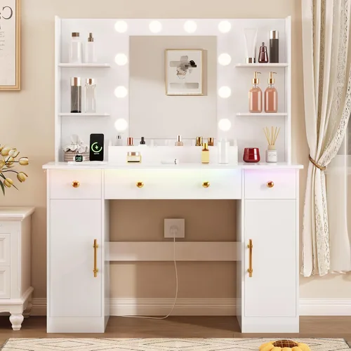 Miniatura 16 de HUANLEGO Escritorio de tocador con espejo y luces, tocador de maquillaje con espejo y luces LED y toma de corriente, 3 cajones y armarios, 3 modos
