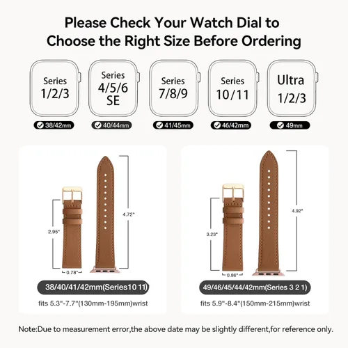 Miniatura 2 de Bestig - Correa de repuesto para Apple Watch de 1.49, 1.57, 1.65 pulgadas y 1.73 pulgadas, de cuero auténtico, para iWatch series 6, SE, 5, 4, 3, 2