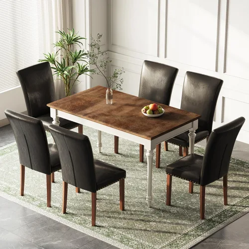 Miniatura 22 de Juego de 2 sillas de comedor de granja, respaldo alto con patas de madera y ribete de cabeza de clavo, silla de comedor de tela moderna