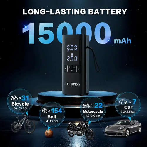Miniatura 3 de Inflador de neumáticos Ai Compresor de aire portátil de 150 PSI con banco de energía de 15000 mAh, 5 veces de inflado rápido, indicador digital