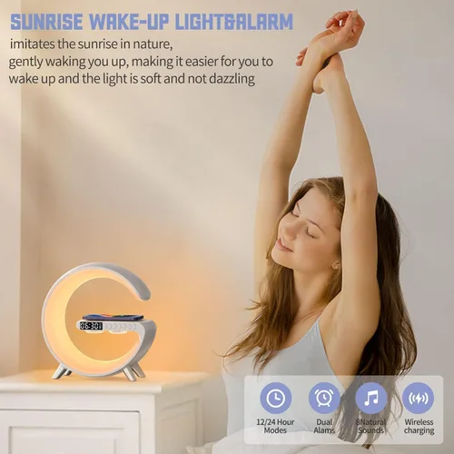 Miniatura 4 de Lámpara de mesa LED inteligente 4 en 1, reloj despertador, cargador inalámbrico, luz nocturna, altavoz Bluetooth con control de aplicación, lámpara