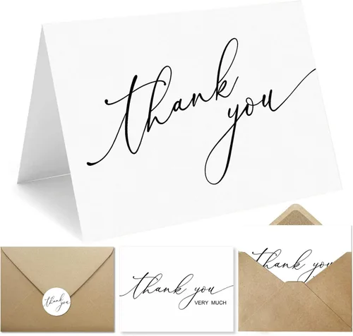 GIFTSFARM Tarjetas de agradecimiento con sobres y calcomanías de papel Kraft, diseño minimalista de 5 x 3.75 pulgadas, paquete de 100, color blanco