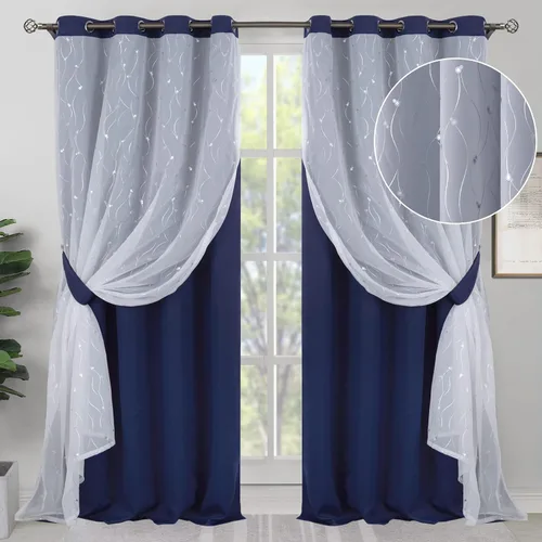 Miniatura 24 de BGment Cortinas de oscurecimiento de habitación con superposición transparente, cortinas de tul estampado plateado de doble capa para sala de estar