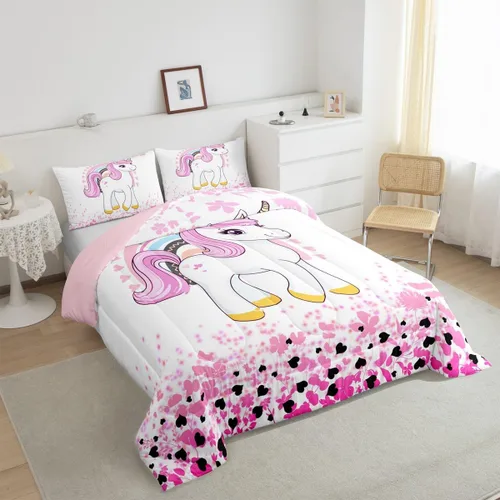 Miniatura 2 de Feelyou Juego de ropa de cama de unicornio para niñas, bonito edredón con purpurina de unicornio de dibujos animados arco iris para niños, juego