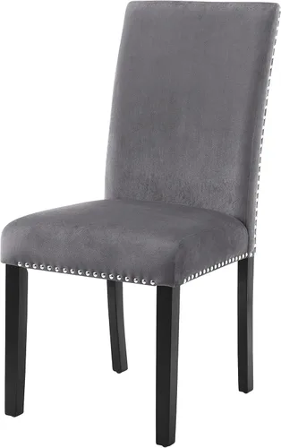 Miniatura 3 de Cobre - Silla de comedor contemporánea de terciopelo con ribete de clavos, juego de 2, color gris